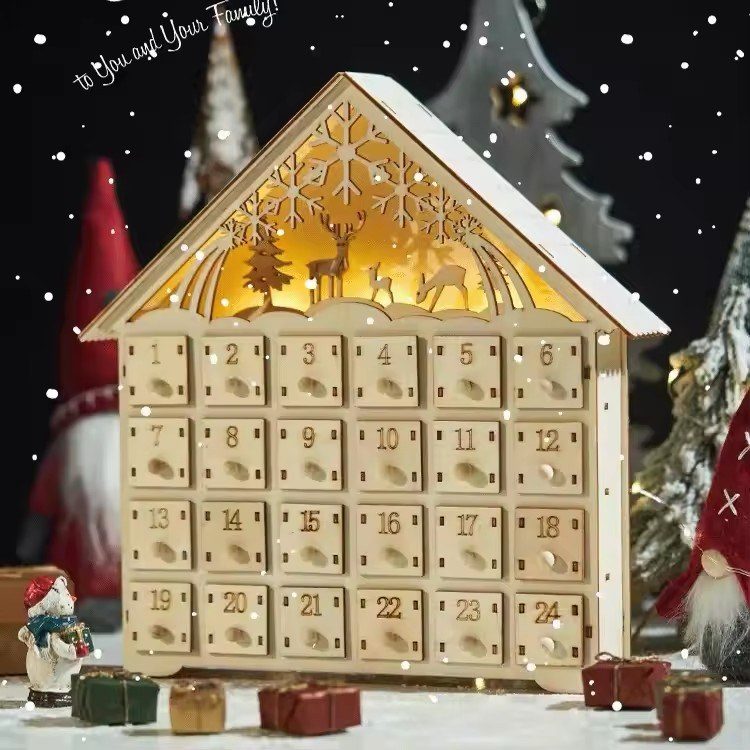 Calendario de Adviento casita de madera con luz