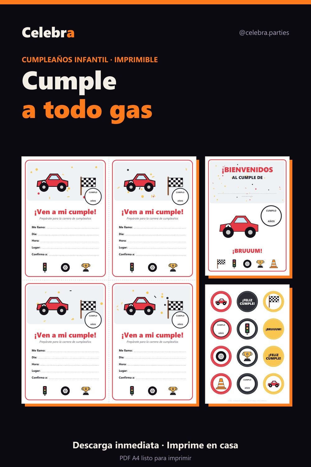 Pack de cumpleaños de coches para imprimir