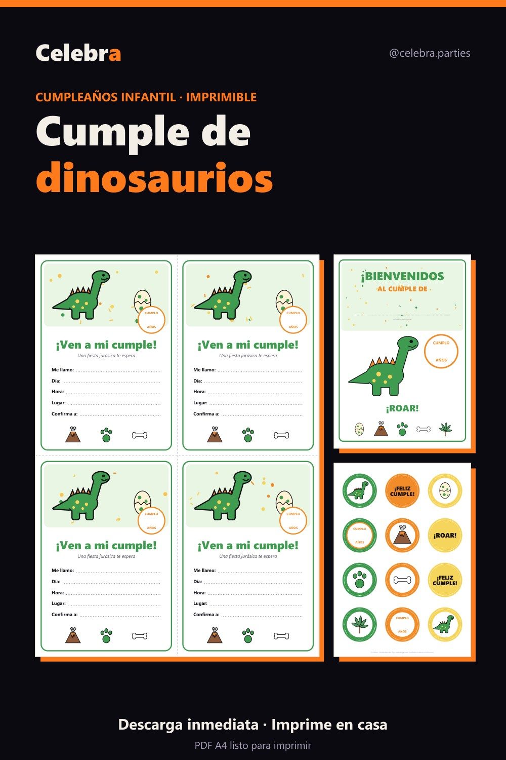 Pack de cumpleaños de dinosaurios para imprimir